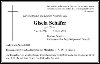 Traueranzeige von Gisela Schäfer von Giessener Allgemeine, Alsfelder Allgemeine