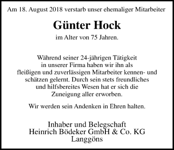 Traueranzeige von Günter Hock von Giessener Allgemeine, Alsfelder Allgemeine