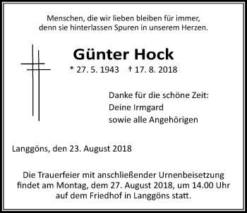 Traueranzeige von Günter Hock von Giessener Allgemeine, Alsfelder Allgemeine