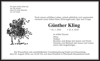 Traueranzeige von Günther Kling von Wetterauer Zeitung, Wetterauer Zeitung