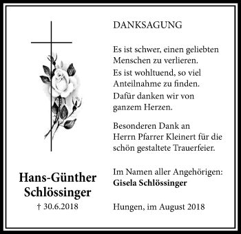 Traueranzeige von Hans-Günther Schlössinger von Licher Wochenblatt, Licher Wochenblatt, Licher Wochenblatt