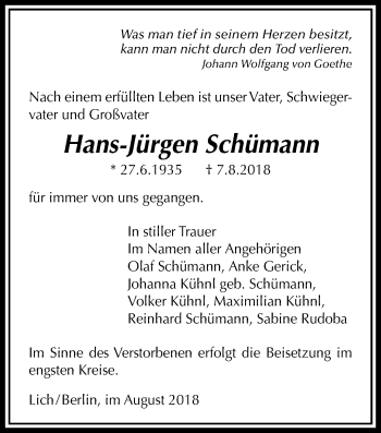 Traueranzeige von Hans-Jürgen Schümann von Licher Wochenblatt, Licher Wochenblatt, Licher Wochenblatt
