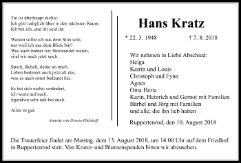 Traueranzeige von Hans Kratz von Alsfelder Allgemeine
