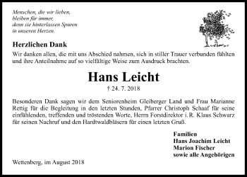 Traueranzeige von Hans Leicht von Giessener Allgemeine, Alsfelder Allgemeine