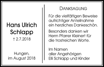 Traueranzeige von Hans Ulrich Schlapp von Licher Wochenblatt, Licher Wochenblatt, Licher Wochenblatt