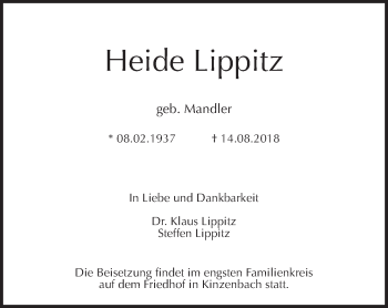Traueranzeige von Heide Lippitz von Giessener Allgemeine, Alsfelder Allgemeine