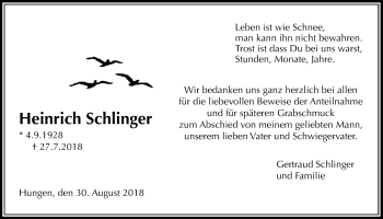 Traueranzeige von Heinrich Schlinger von Licher Wochenblatt, Licher Wochenblatt, Licher Wochenblatt