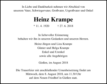 Traueranzeige von Heinz Krampe von Giessener Allgemeine, Alsfelder Allgemeine