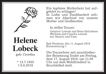 Traueranzeige von Helene Lobeck von Wetterauer Zeitung, Wetterauer Zeitung
