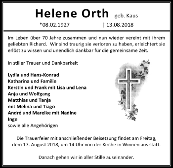 Traueranzeige von Helene Orth von Giessener Allgemeine, Alsfelder Allgemeine