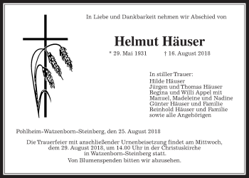 Traueranzeige von Helmut Häuser von Giessener Allgemeine, Alsfelder Allgemeine