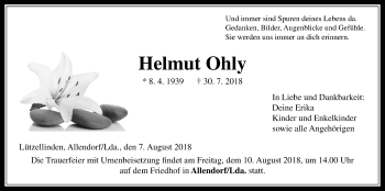 Traueranzeige von Helmut Ohly von Giessener Allgemeine, Alsfelder Allgemeine