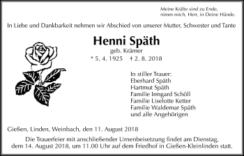 Traueranzeige von Henni Späth von Giessener Allgemeine, Alsfelder Allgemeine