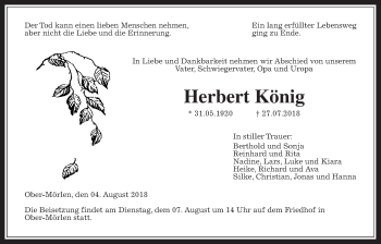 Traueranzeige von Herbert König von Giessener Allgemeine, Alsfelder Allgemeine, Wetterauer Zeitung, Wetterauer Zeitung