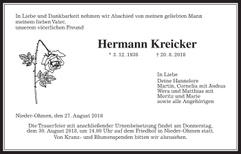 Traueranzeige von Hermann Kreicker von Alsfelder Allgemeine