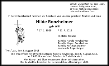 Traueranzeige von Hilde Ronzheimer von Giessener Allgemeine, Alsfelder Allgemeine