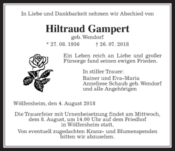 Traueranzeige von Hiltraud Gampert von Wetterauer Zeitung, Wetterauer Zeitung