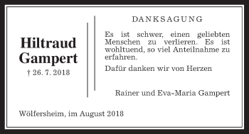 Traueranzeige von Hiltraud Gampert von Wetterauer Zeitung, Wetterauer Zeitung