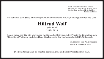 Traueranzeige von Hiltrud Wolf von Wetterauer Zeitung, Wetterauer Zeitung