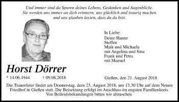 Traueranzeige von Horst Dörrer von Giessener Allgemeine, Alsfelder Allgemeine