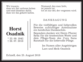 Traueranzeige von Horst Osadnik von Wetterauer Zeitung, Wetterauer Zeitung