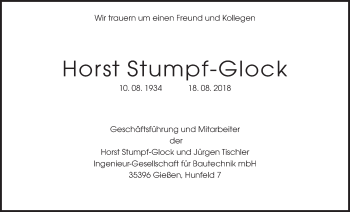 Traueranzeige von Horst Stumpf-Glock von Giessener Allgemeine, Alsfelder Allgemeine