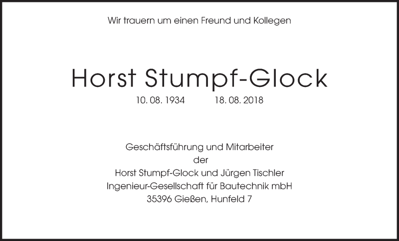  Traueranzeige für Horst Stumpf-Glock vom 25.08.2018 aus Giessener Allgemeine, Alsfelder Allgemeine