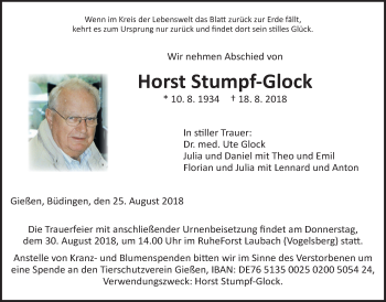 Traueranzeige von Horst Stumpf-Glock von Giessener Allgemeine, Alsfelder Allgemeine