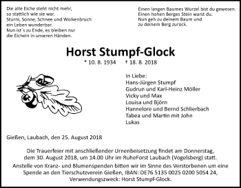 Traueranzeige von Horst Stumpf-Glock von Giessener Allgemeine, Alsfelder Allgemeine