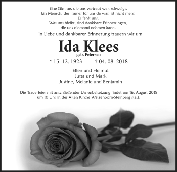 Traueranzeige von Ida Klees von Giessener Allgemeine, Alsfelder Allgemeine