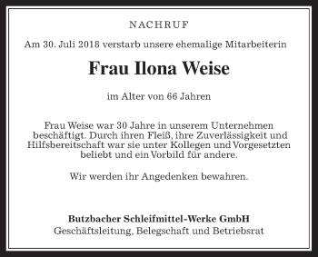 Traueranzeige von Ilona Weise von Giessener Allgemeine, Alsfelder Allgemeine, Wetterauer Zeitung, Wetterauer Zeitung