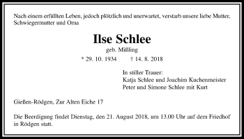 Traueranzeige von Ilse Schlee von Giessener Allgemeine, Alsfelder Allgemeine