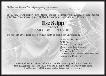 Traueranzeige von Ilse Seipp von Giessener Allgemeine, Alsfelder Allgemeine