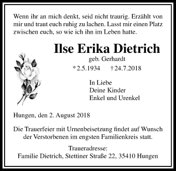 Traueranzeige von Ilse Erika Dietrich von Licher Wochenblatt, Licher Wochenblatt, Licher Wochenblatt