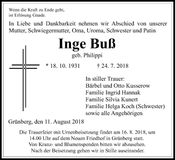 Traueranzeige von Inge Buß von Giessener Allgemeine, Alsfelder Allgemeine