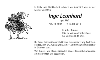 Traueranzeige von Inge Leonhard von Wetterauer Zeitung, Wetterauer Zeitung