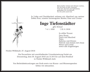 Traueranzeige von Inge Tiefenstädter von Wetterauer Zeitung, Wetterauer Zeitung