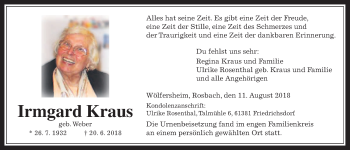Traueranzeige von Irmgard Kraus von Wetterauer Zeitung, Wetterauer Zeitung