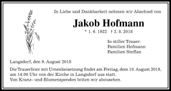 Traueranzeige von Jakob Hofmann von Licher Wochenblatt, Licher Wochenblatt, Licher Wochenblatt