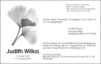 Traueranzeige von Judith Wilka von Wetterauer Zeitung, Wetterauer Zeitung
