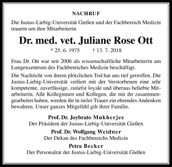 Traueranzeige von Juliane Rose Ott von Giessener Allgemeine, Alsfelder Allgemeine