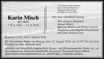 Traueranzeige von Karin Misch von Wetterauer Zeitung, Wetterauer Zeitung