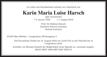 Traueranzeige von Karin Maria Luise Harsch von Wetterauer Zeitung, Wetterauer Zeitung