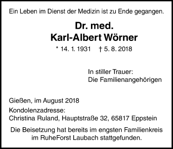 Traueranzeige von Karl-Albert Wörner von Giessener Allgemeine, Alsfelder Allgemeine