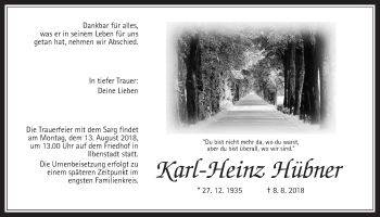 Traueranzeige von Karl-Heinz Hübner von Wetterauer Zeitung, Wetterauer Zeitung