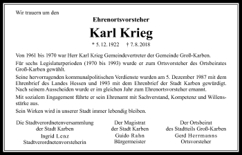 Traueranzeige von Karl Krieg von Wetterauer Zeitung