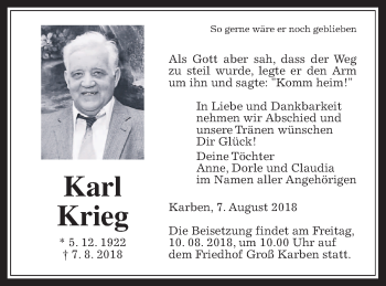 Traueranzeige von Karl Krieg von Wetterauer Zeitung, Wetterauer Zeitung