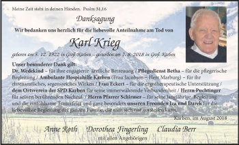 Traueranzeige von Karl Krieg von Wetterauer Zeitung, Wetterauer Zeitung