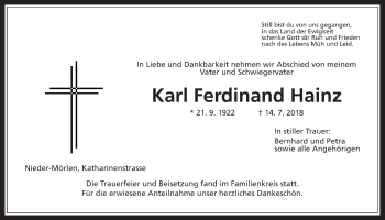 Traueranzeige von Karl Ferdinand Hainz von Wetterauer Zeitung, Wetterauer Zeitung