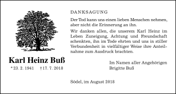 Traueranzeige von Karl Heinz Buß von Wetterauer Zeitung, Wetterauer Zeitung